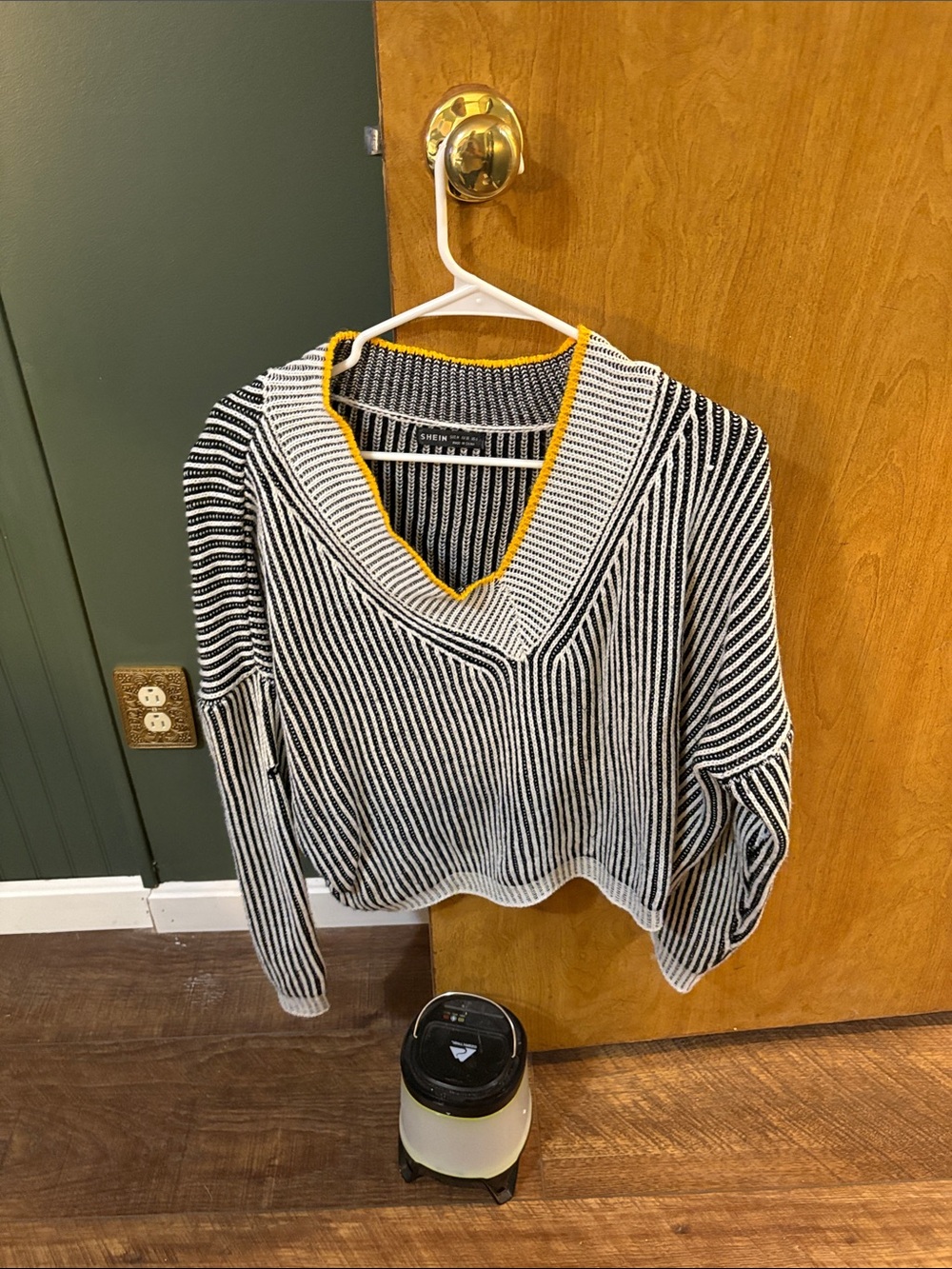 Striped V-Neck Sweater with Contrast Trim - Black & White
